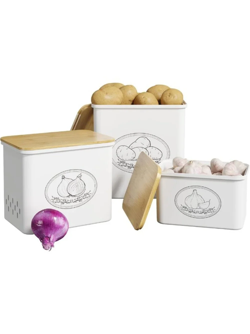 Set of 3 White Plastic Storage Bins for Potatoes & Onions - Kitchen Organization